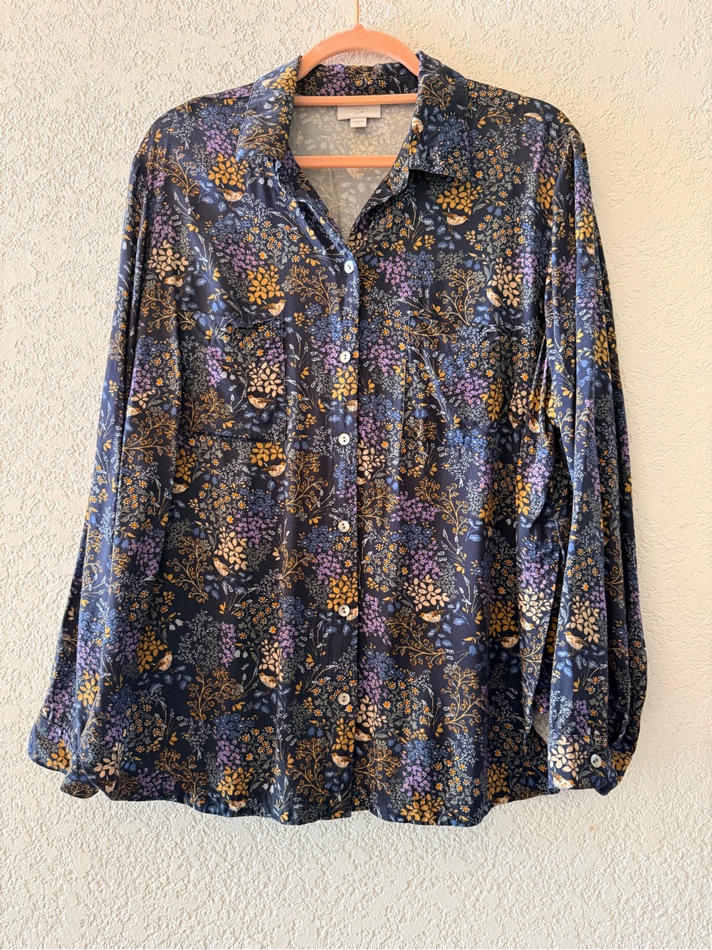 J.JILL Soft-Luxe Womens Button Front Shirt Long Sleeve Navy Floral Bird Sz XL